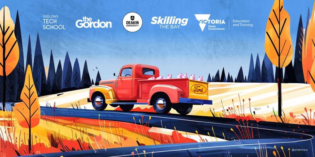 Illustration of a vintage ford ute with pigs in the tray. Originally designed in Geelong. The header image is for Geelong Skilling the Bay. Logos across the top of the image feature: Deakin University, Victoria Government Department of Education and Geelong Skilling the Bay.