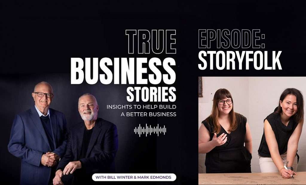 True Business Stories podcast team interviewing Storyfolk founders Cass Mackenzie and Sarah Gross