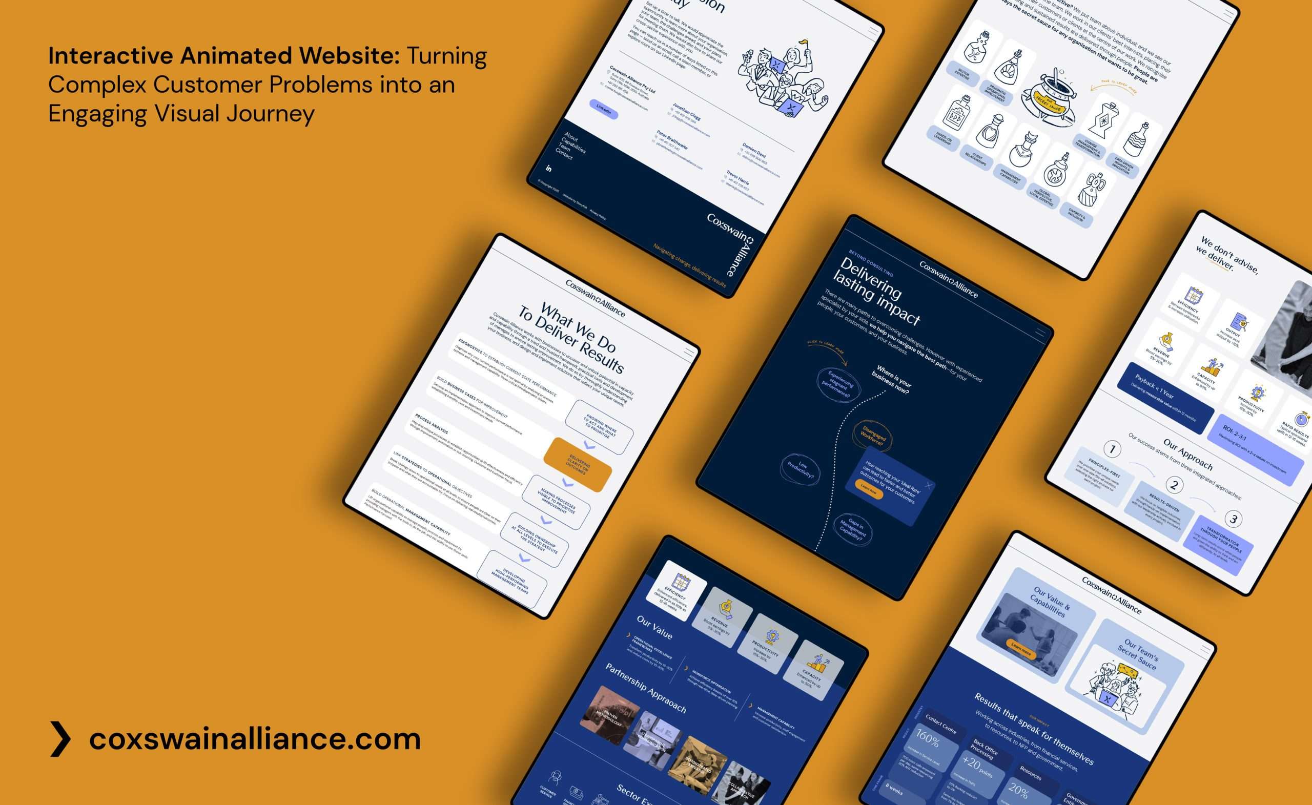 Coxswain Alliance website design showcasing multiple interactive pages, dynamic branding, and strategic consultancy messaging.